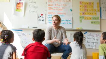Elementary teacher explaining social studies lesson to group of kids in classroom